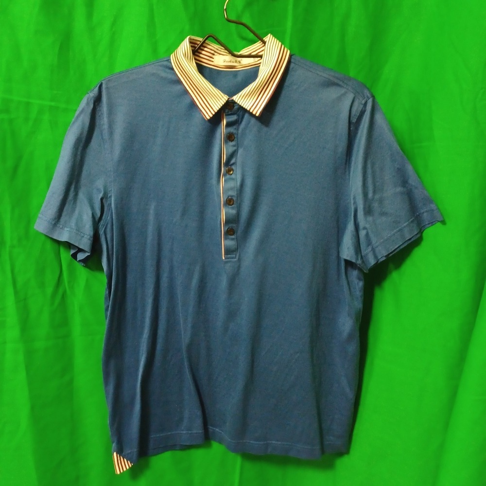 Haobao Mens Blue Mercerized Cotton Polo Shirt Striped Collar Size 175/92A L‎
